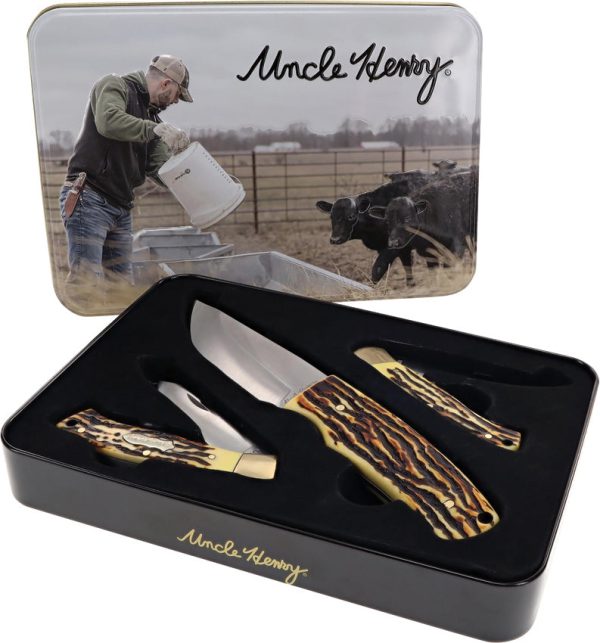 Schrade Uncle Henry 2023 LE Fixed & Folding Staglon 3 Pc Gift Set 1200447 Online now