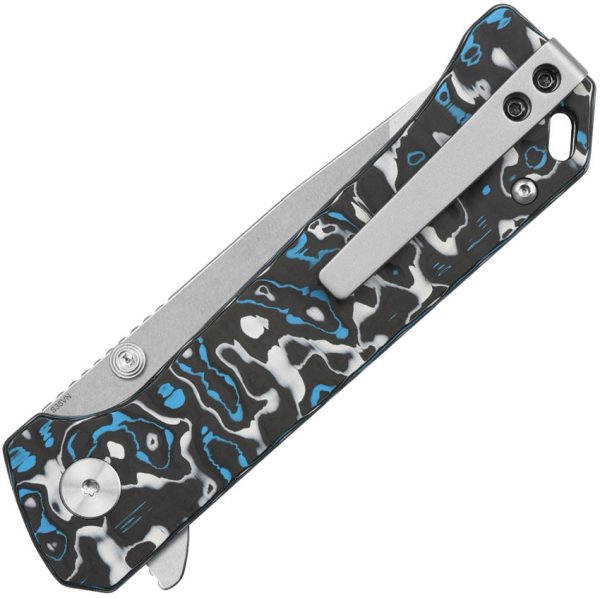 QSP Knife Grebe T Button Lock Blue & White & Black Carbon Fiber Folding S35VN Tanto Knife 148H1- On Sale Online now - Image 2