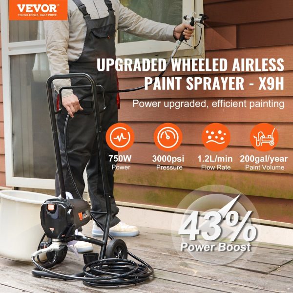 Vevor Airless Paint Sprayer with Wheeled Cart 1.2L min Flow Rate 750W 3000PSI Max Pressure New Online - Image 2