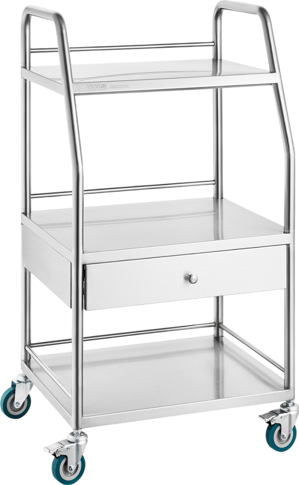 Vevor Lab Serving Cart 3-Tier Stainless Steel with Drawer and Lockable Wheels New Sale